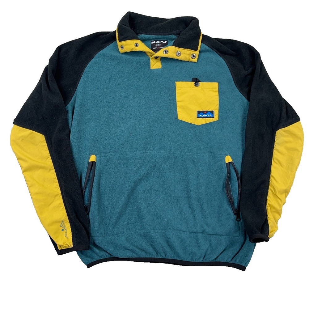 Kavu Sweater Men‎ XS Green Yellow Pullover Fleece Snap T Jacket Colorblock Adult